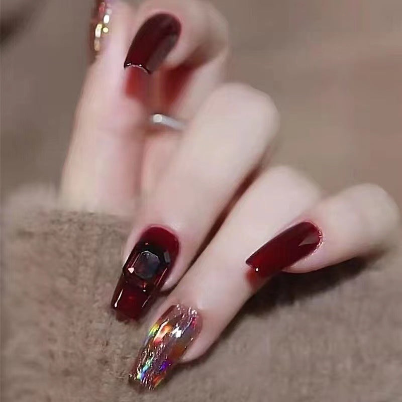 Elegant Soiree Long Coffin Burgundy Press On Nail Set with Shimmering Accent Nails