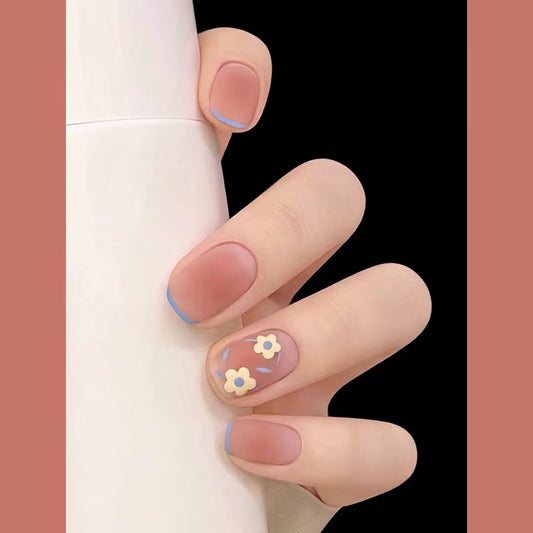 Spring Blossom Collection Short Length Square Beige Press On Nails with Blue Accents and Floral Design