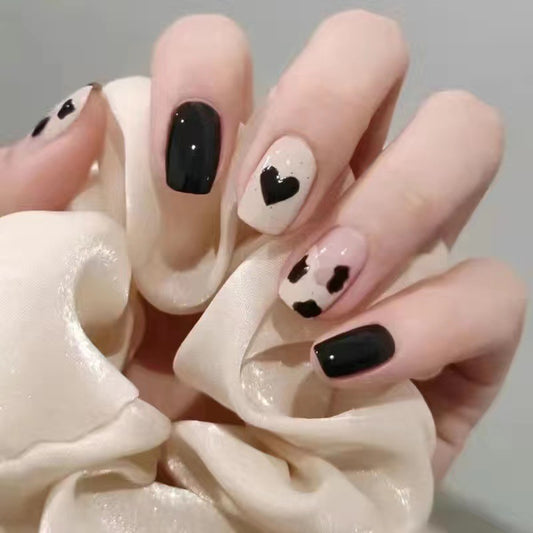 Playful Romance Short Squoval Black and Pink Press On Nail Set with Heart Accents