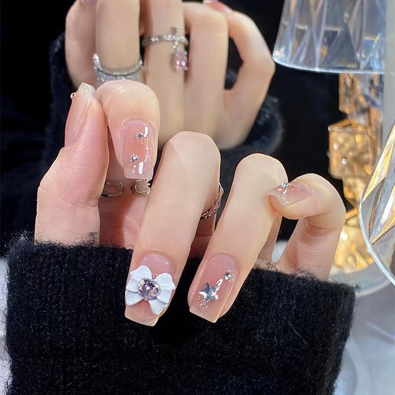 Elegant Evening Medium Coffin Beige Press On Nail Set with Rhinestone Accents and Star Charms