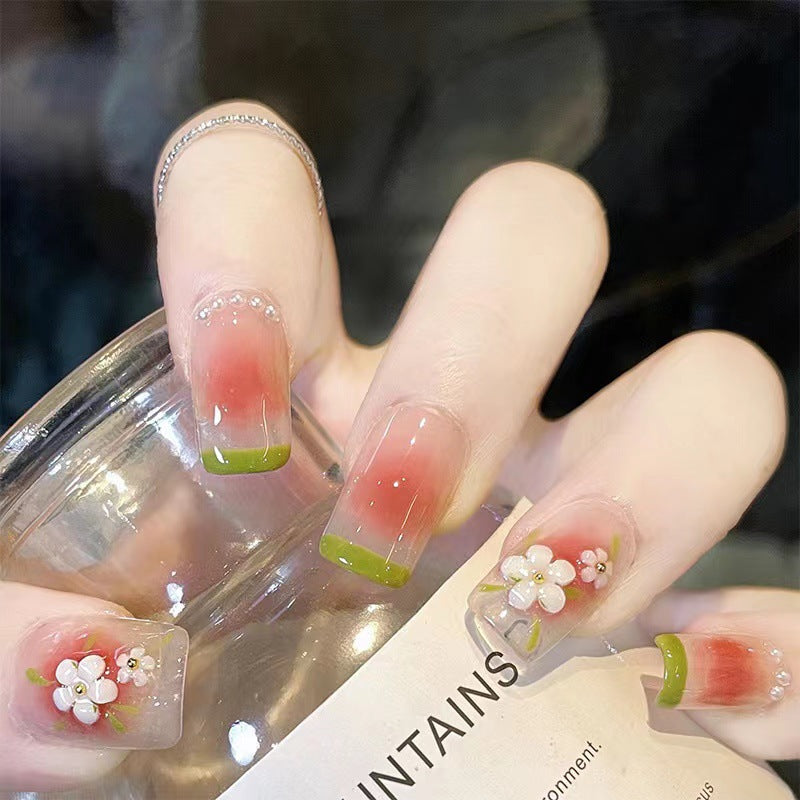 Spring Blossom Collection Long Square Ombre Pink and Green Press On Nail Set with 3D Flower Art Design