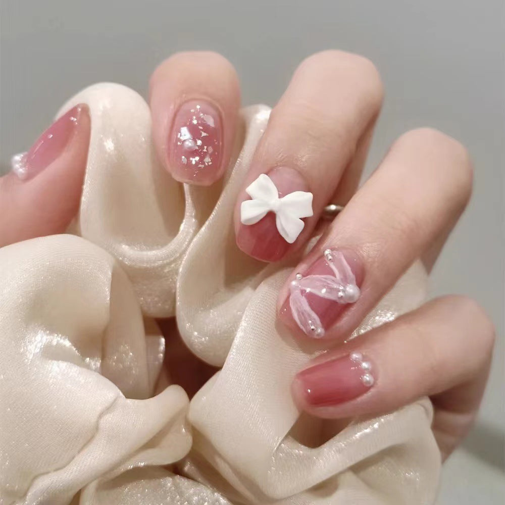 Bridal Bliss Short Length Square Pink Press On Nail Set with Glitter Accents and 3D Bow Design