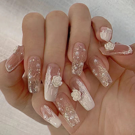 Bridal Bliss Long Coffin Pink Glitter Press On Nail Set with 3D Flower Accents