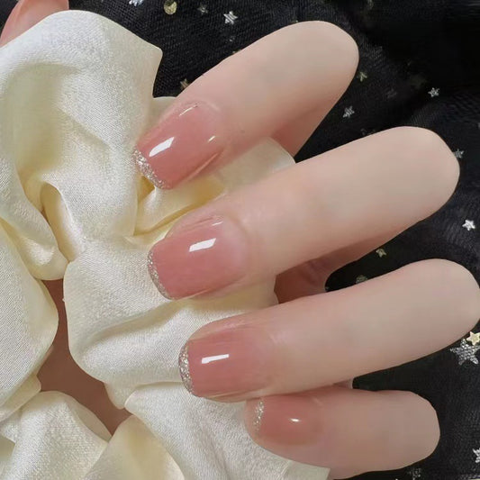 Starry Elegance Short Square Beige Press On Nails with Glitter Accent Tips