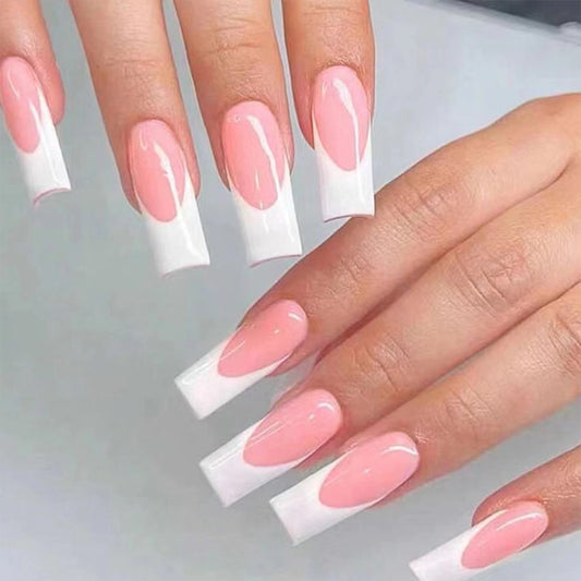 Elegant Bridal Collection Long Square-shaped Pink and White Ombre Press On Nail Set with French Tips