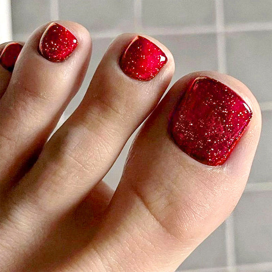 Glamorous Gala Short Square Red Glitter Press On Toenail Set with Shimmer Finish