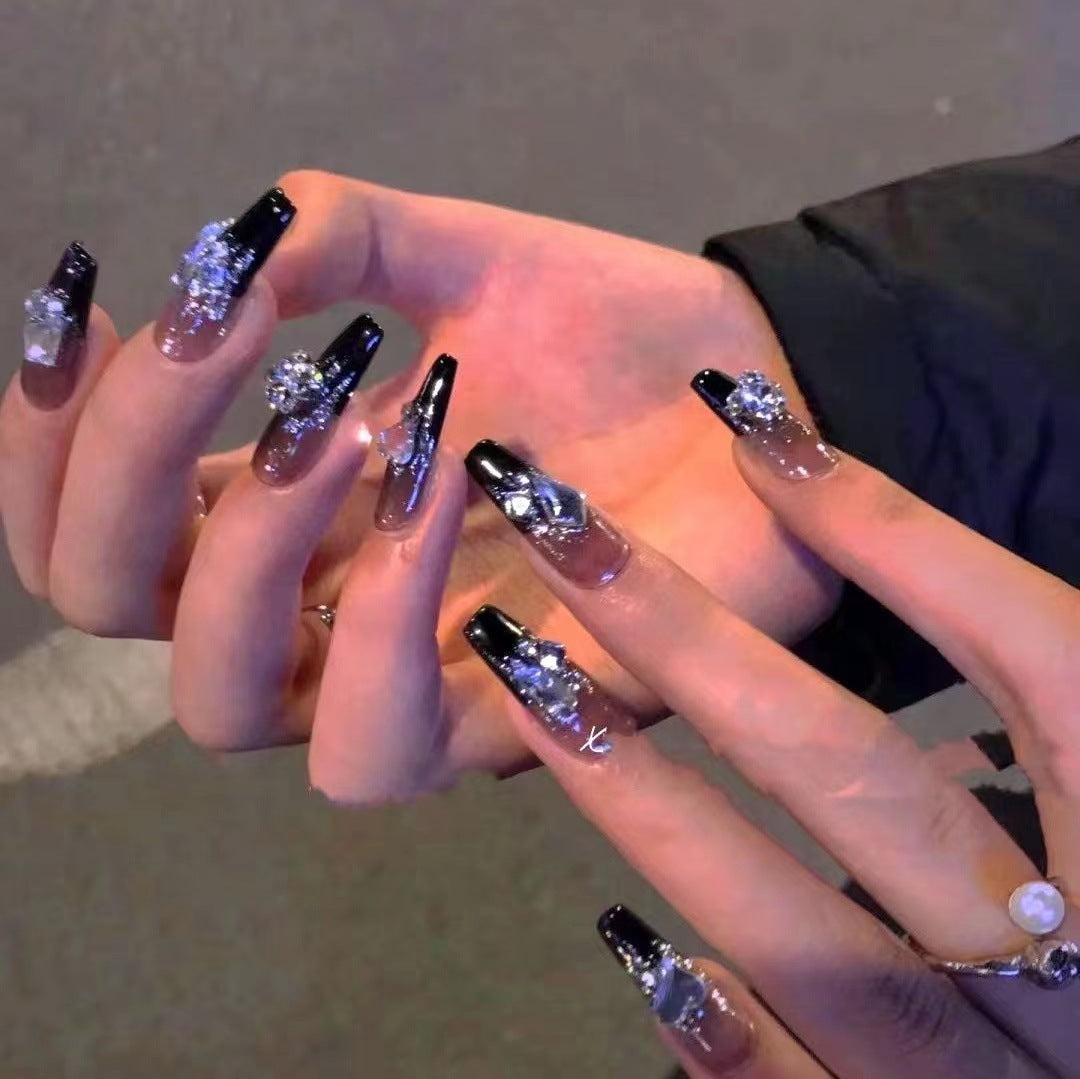 Glamorous Evening Long Coffin Black Press On Nails with Sparkling Rhinestone Accents