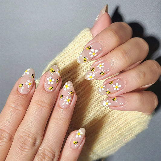 Spring Fling Long Almond Transparent Press On Nail Set with Daisy and Bee Accents