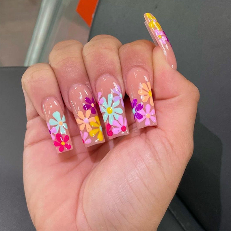 Spring Blossom Extravaganza Long Square Multicolor Floral Press On Nail Set with Glitter Accents