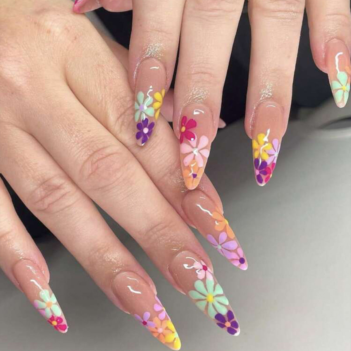 Spring Blossom Extra Long Almond Multicolor Floral Press On Nail Set with Glitter Accents