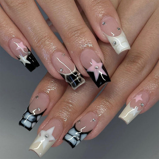 Starry Night Medium Coffin Black White Pink Ombre Press On Nails with Rhinestone Accents