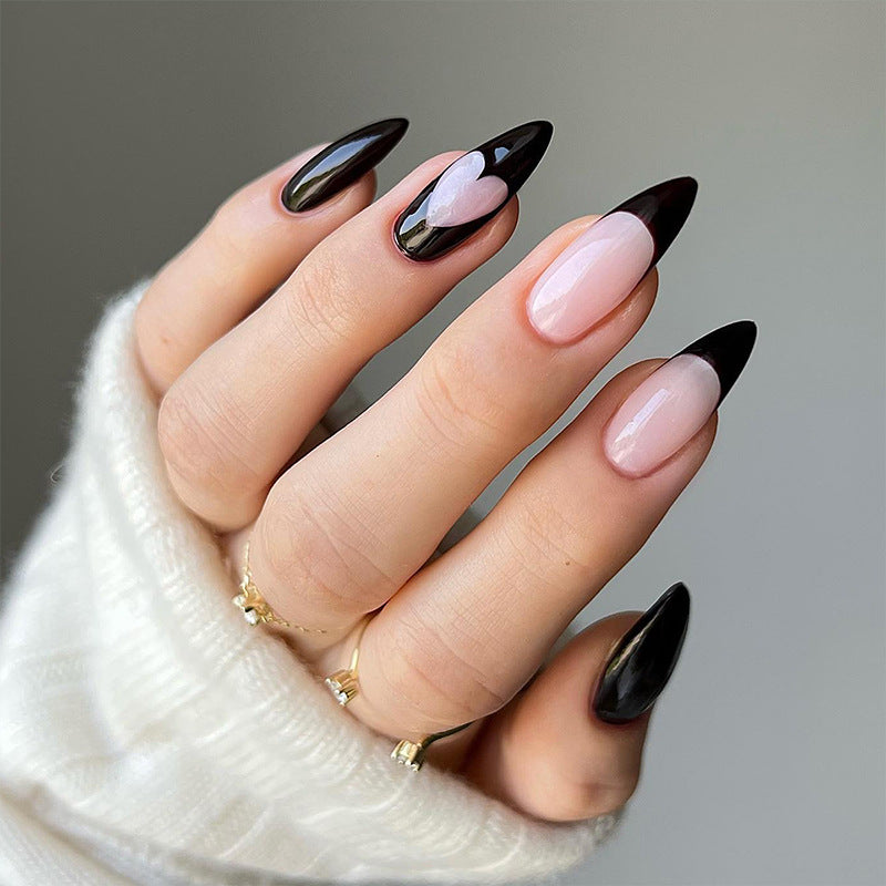 Glamour Chic Medium Stiletto Two-Tone Pink and Black Press on Nail Set with Heart Accent Design