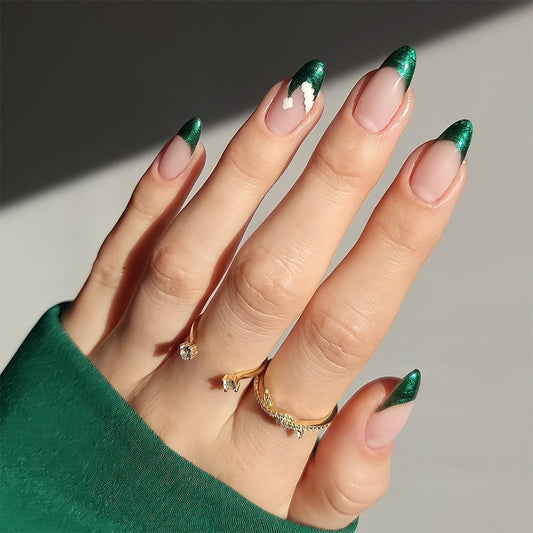 Emerald Elegance Long Almond Shaped Press On Nail Set with Green Glitter Accents