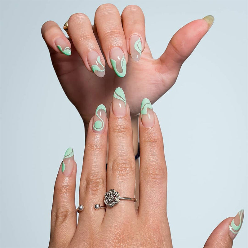 Elegant Swirls Collection Long Almond Mint Green Abstract Art Press On Nail Set