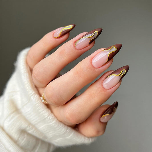 Elegant Affair Long Almond Beige Press On Nail Set with Gold Accent Waves