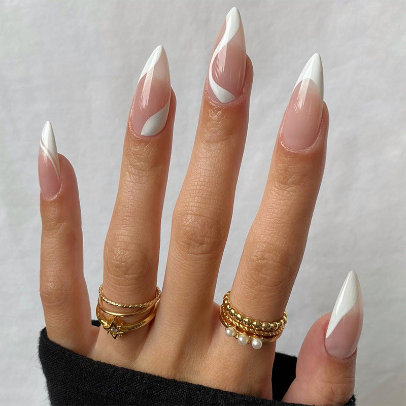 Elegant Swirls Extra Long Stiletto White and Beige Press On Nail Set with Geometric Accent Design