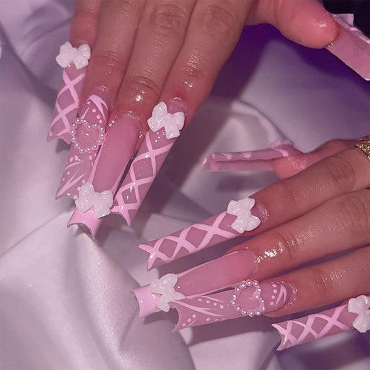 Enchanted Garden Long Square Pink Press On Nails with 3D Flower Accents and Pearl Embellishments