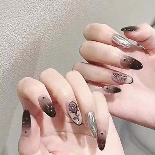 Mystical Elegance Long Oval Marble Grey Press On Nail Set with Embedded Rhinestones and Artistic Accents