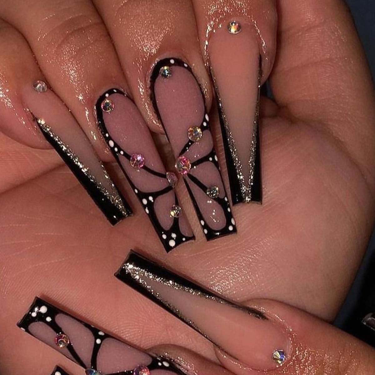 Elegant Evening Long Coffin Black Press On Nail Set with Rhinestone Accents and Glitter Highlights