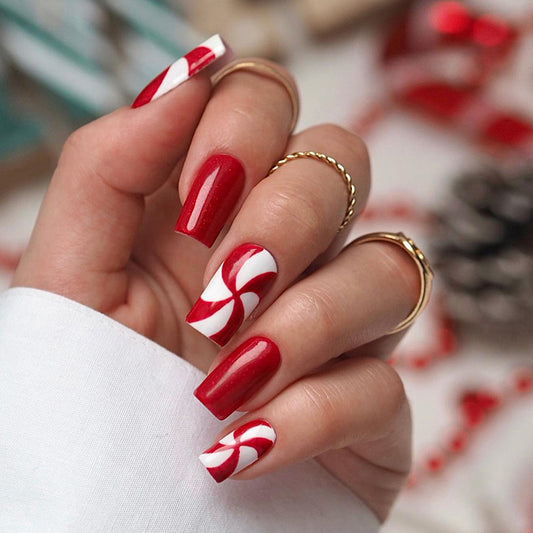 Candy Cane Delight Long Square Red and White Swirl Press On Nail Set with Glossy Finish