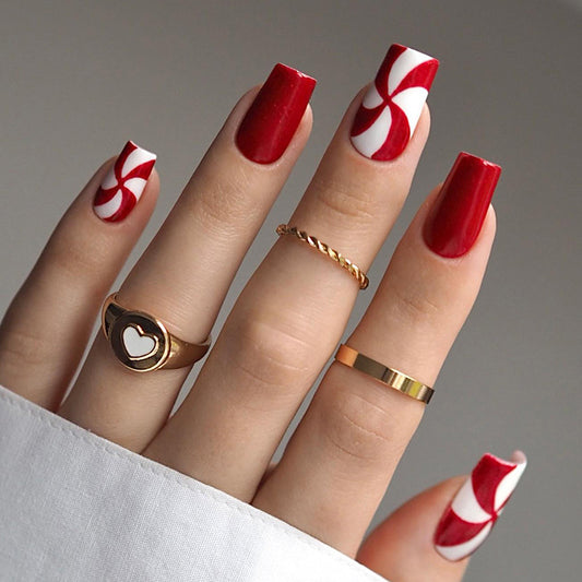 Candy Cane Elegance Long Square Red and White Swirl Press On Nail Set with Glitter Accent