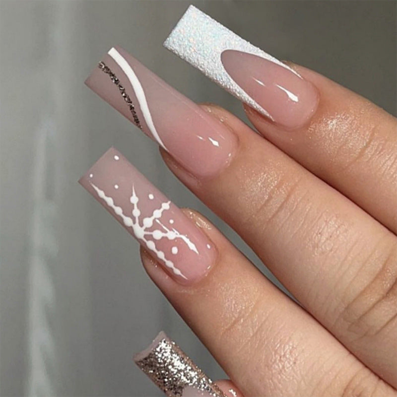 Elegant Bridal Long Square Beige Press On Nails with Glitter Accents and Lace Design