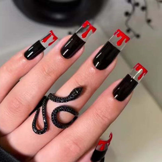 Spooky Elegance Long Square Black Press On Nails with Blood Drip Design