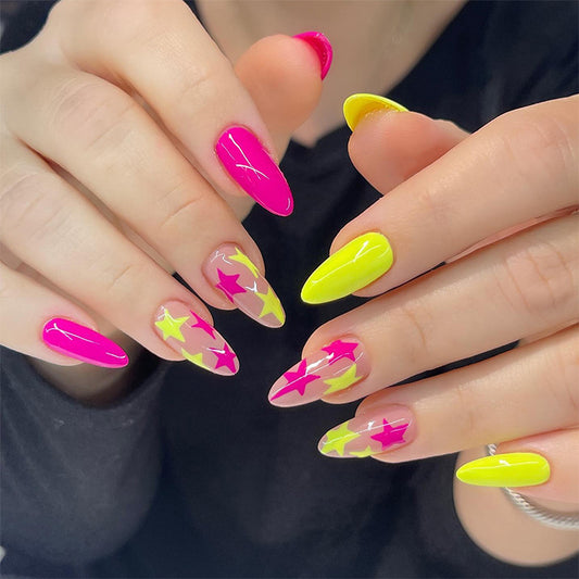 Neon Wonderland Long Almond Pink and Yellow Press On Nail Set with Star Accents