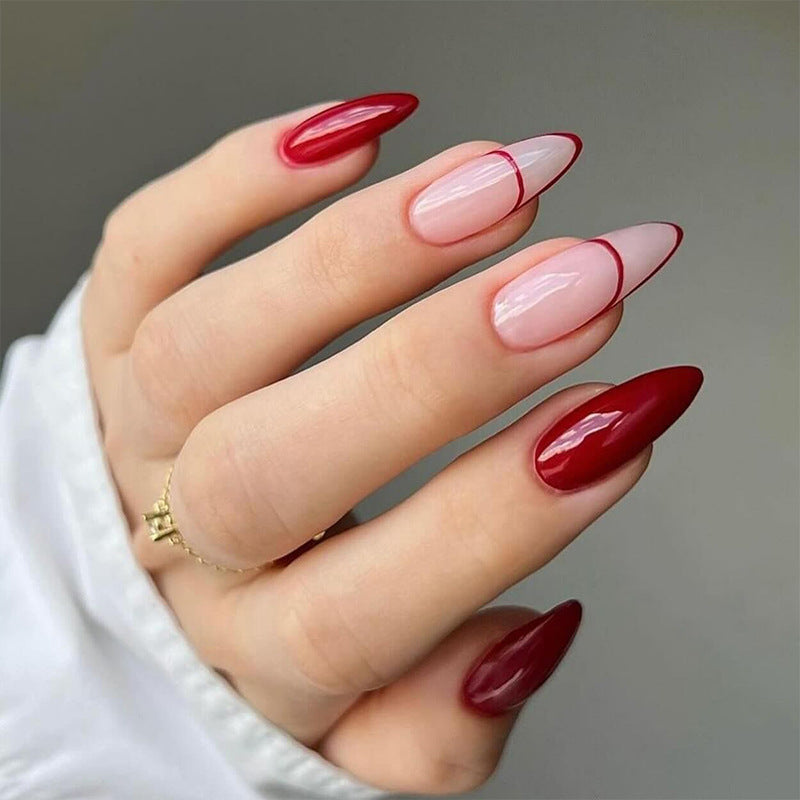 Elegant Romance Long Almond Shape Ombre French Tip Press On Nail Set with Glossy Bordeaux Red and Sheer Pink Finish