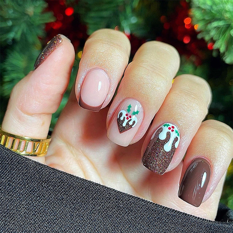 Holiday Festive Short Squoval Multi-Colored Press On Nail Set with Sparkling Accents and Christmas Pudding Design