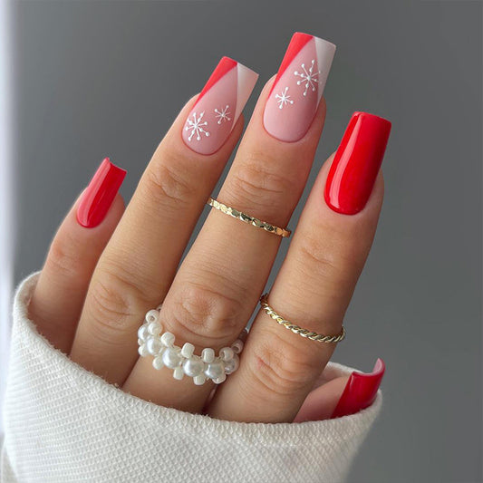 Winter Wonderland Medium Square Shape Pink and Red Press On Nails with Snowflake Accents