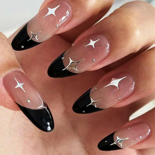 Starry Night Collection Long Almond Gradient Black to Clear Press On Nails with Constellation Accents