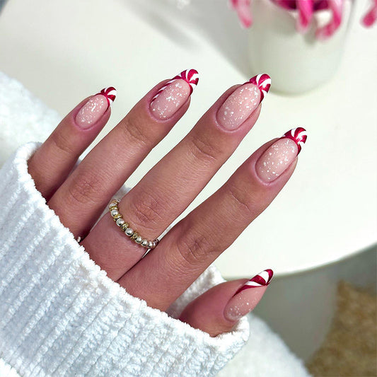 Candy Cane Twist Medium Almond Pink & White Swirl Press On Nail Set with Glitter Accents