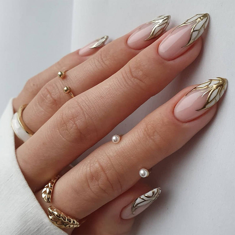 Elegant Affair Medium Almond Pink Press On Nail Set with Gold Foil Accents