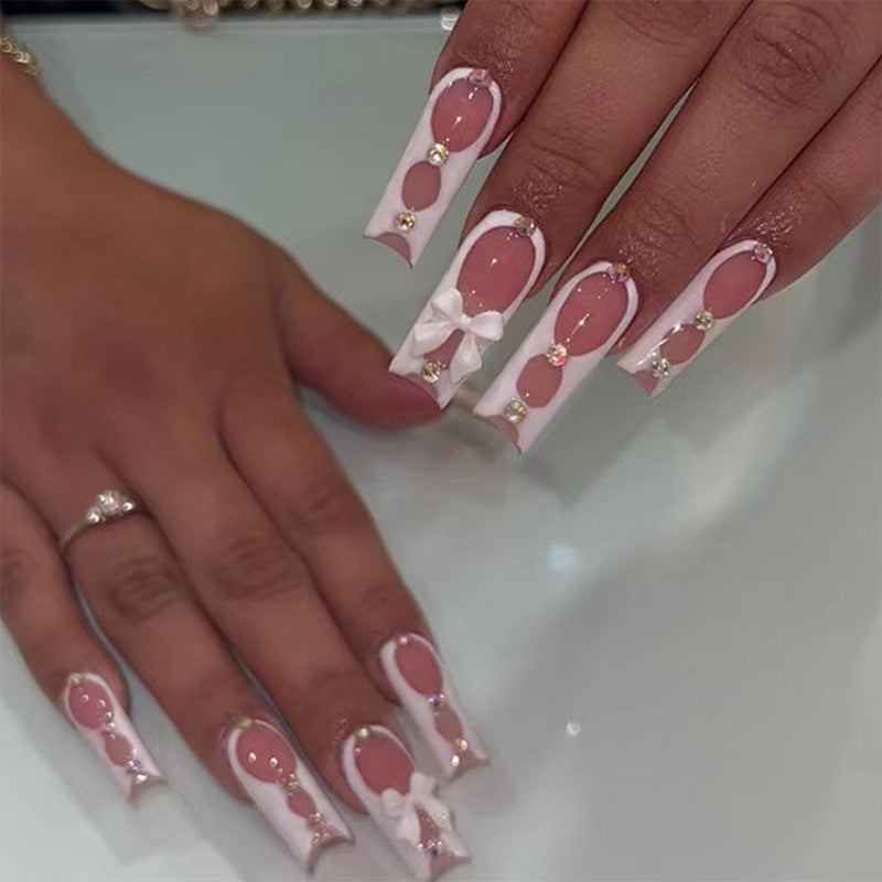 Enchanted Elegance Extra-Long Square Pink Press On Nails with 3D Bows and Rhinestone Accents