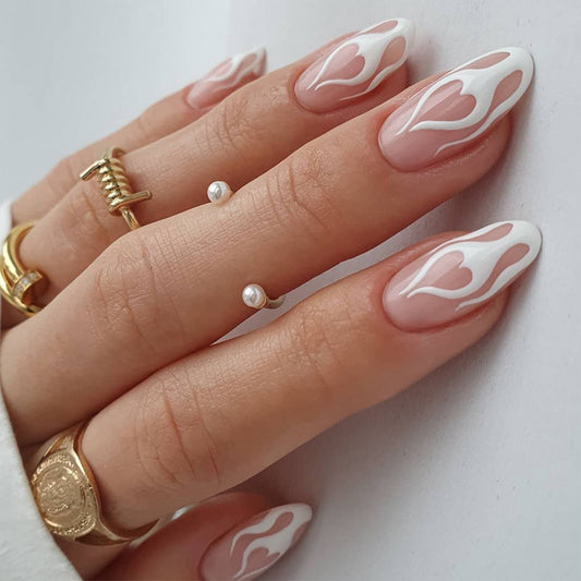 Romantic Affair Long Oval Pastel Pink and White Press On Nails with Heart Accents Elegant Nail Art Set