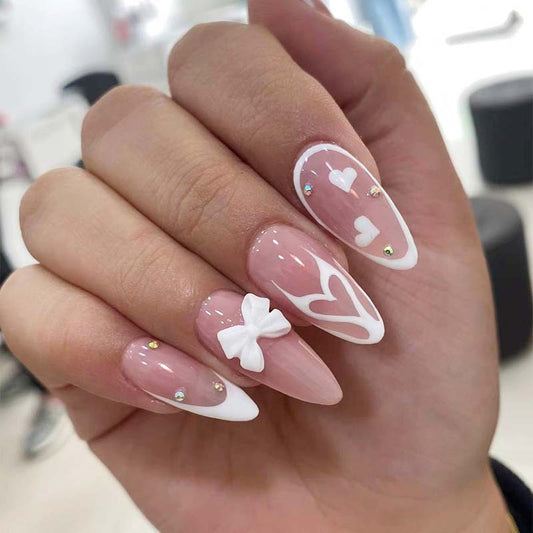 Enchanted Elegance Extra-Long Almond Pink and White Ombre Press On Nail Set with Rhinestone Embellishments and Bow Accents