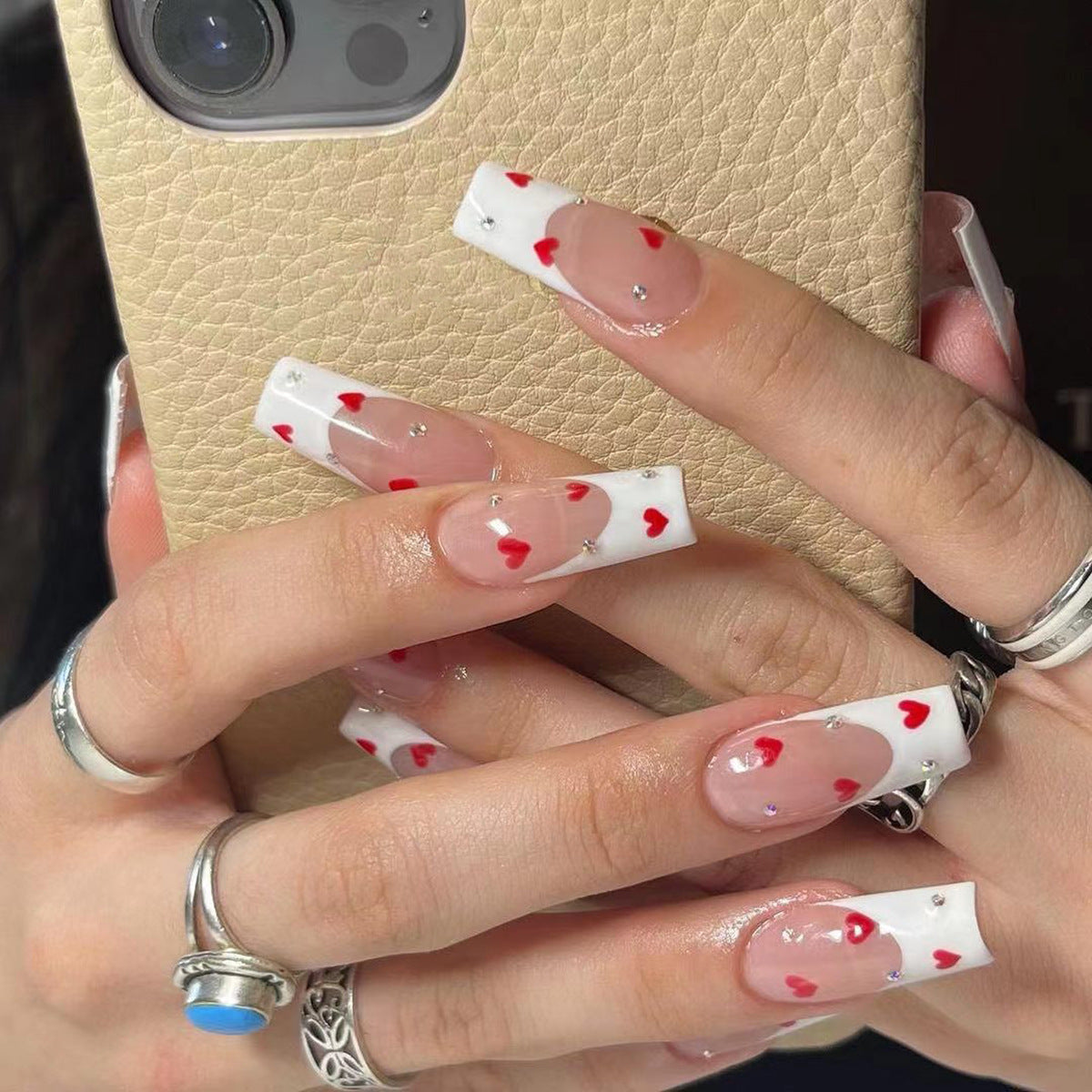 Romantic Hearts Long Coffin White and Clear Press On Nail Set with Red Accents and Rhinestone Embellishments