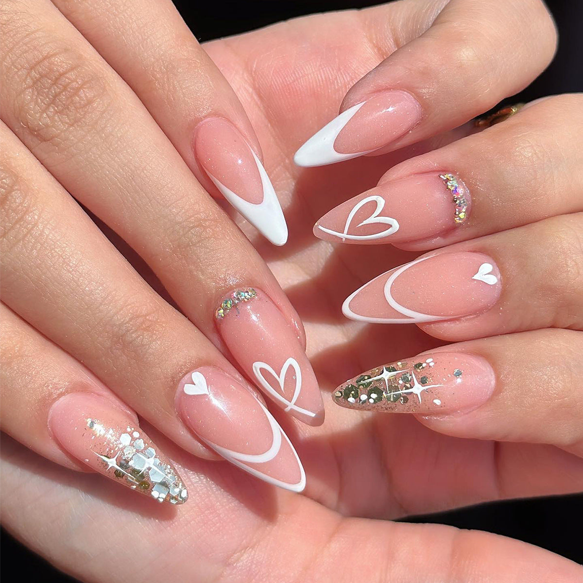 Elegant Romance Long Almond Pink and White Ombre Press On Nail Set with Rhinestone Accents and Heart Design