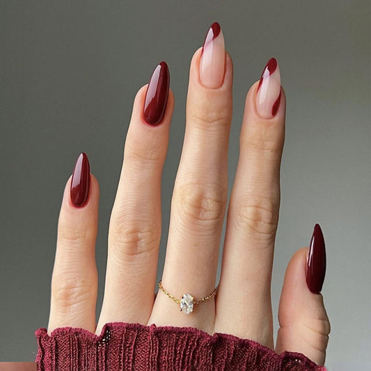 Autumn Elegance Extra Long Almond Burgundy and Beige Ombre Press On Nail Set with Dual-Tone Design