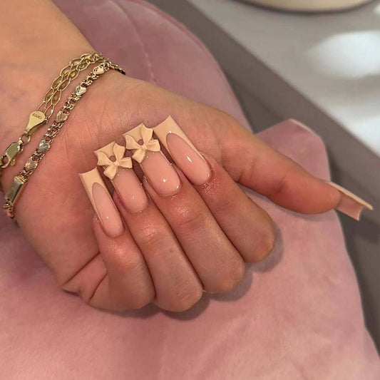 Elegant Bridal Collection Long Square Beige Press On Nails with Floral Embellishments