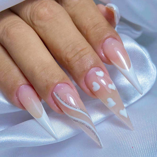 Elegant Romance Extra Long Stiletto Pink and White OmbrŽ Press On Nails with Glitter Accent and Heart Design