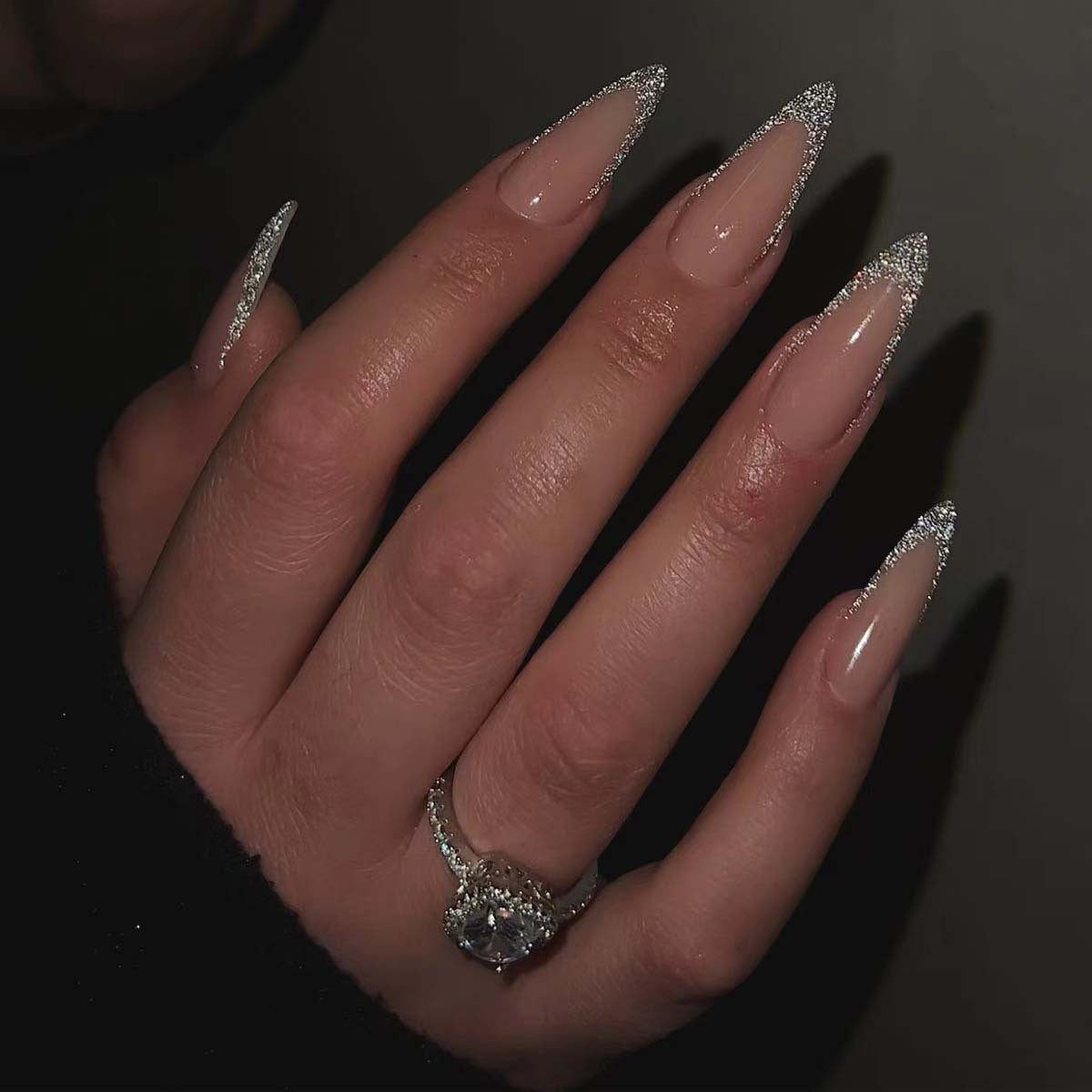 Elegant Soiree Long Stiletto Beige Glitter Accent Press On Nail Set