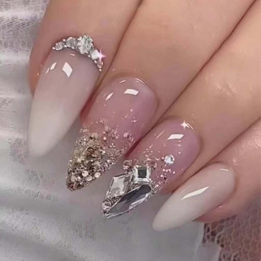 Enchanted Elegance Long Almond Pastel Pink Press On Nails with Rhinestone Accents and Glitter Embellishment