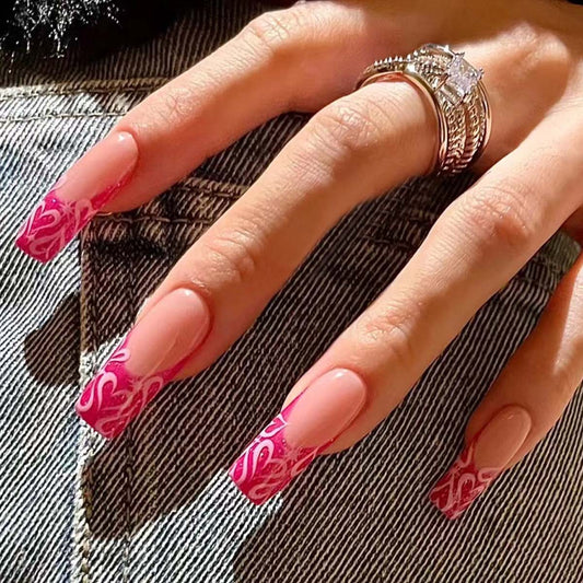 Romantic Rose Swirls Long Square Pink Ombre Press On Nail Set with Floral Embellishments