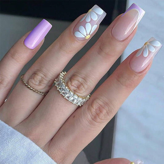 Elegant Spring Blossom Collection Medium Square Lavender and Beige Press On Nails with White Petal Accents