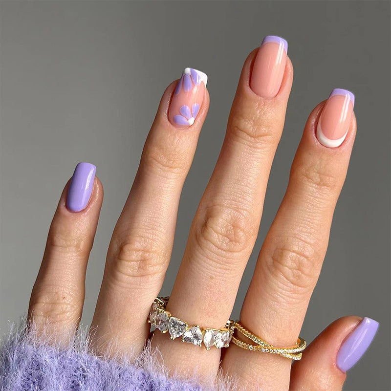 Lavender Dreams Medium Square Press On Nail Set in Soft Purple and Beige with Heart Accents