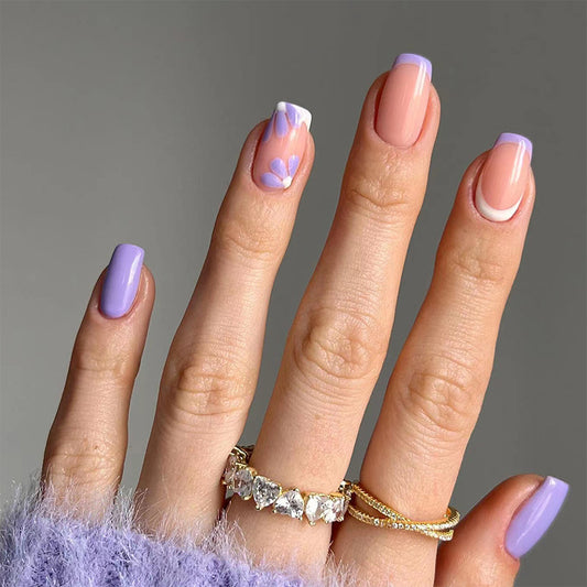 Lavender Dreams Medium Square Press On Nail Set in Soft Purple and Beige with Heart Accents