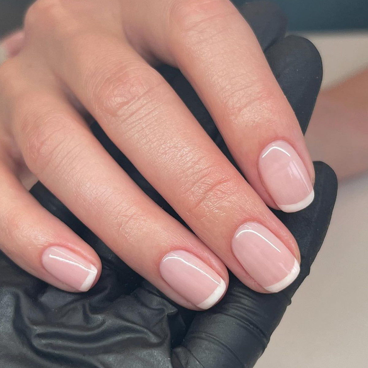 Elegant French Manicure Short Squoval Light Pink Press On Nails with Ultra Gloss Finish