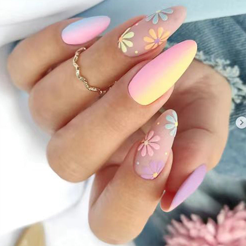 Spring Blossom Long Almond Ombre Pink and Yellow Press On Nails with Floral Accents